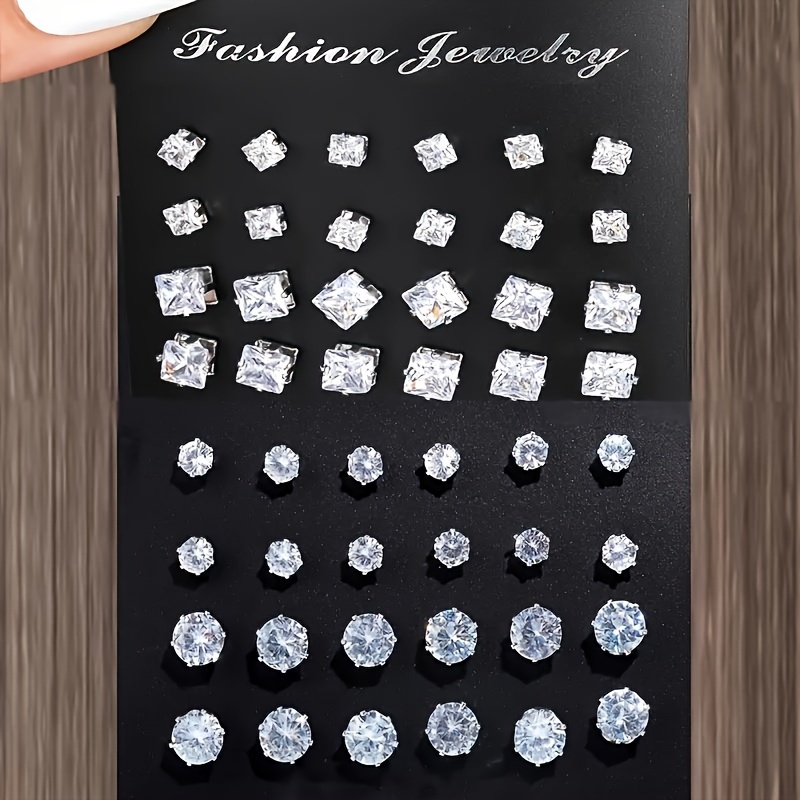 48pcs Rhinestone Stud Earrings Set Round Square Shapes Stainless S